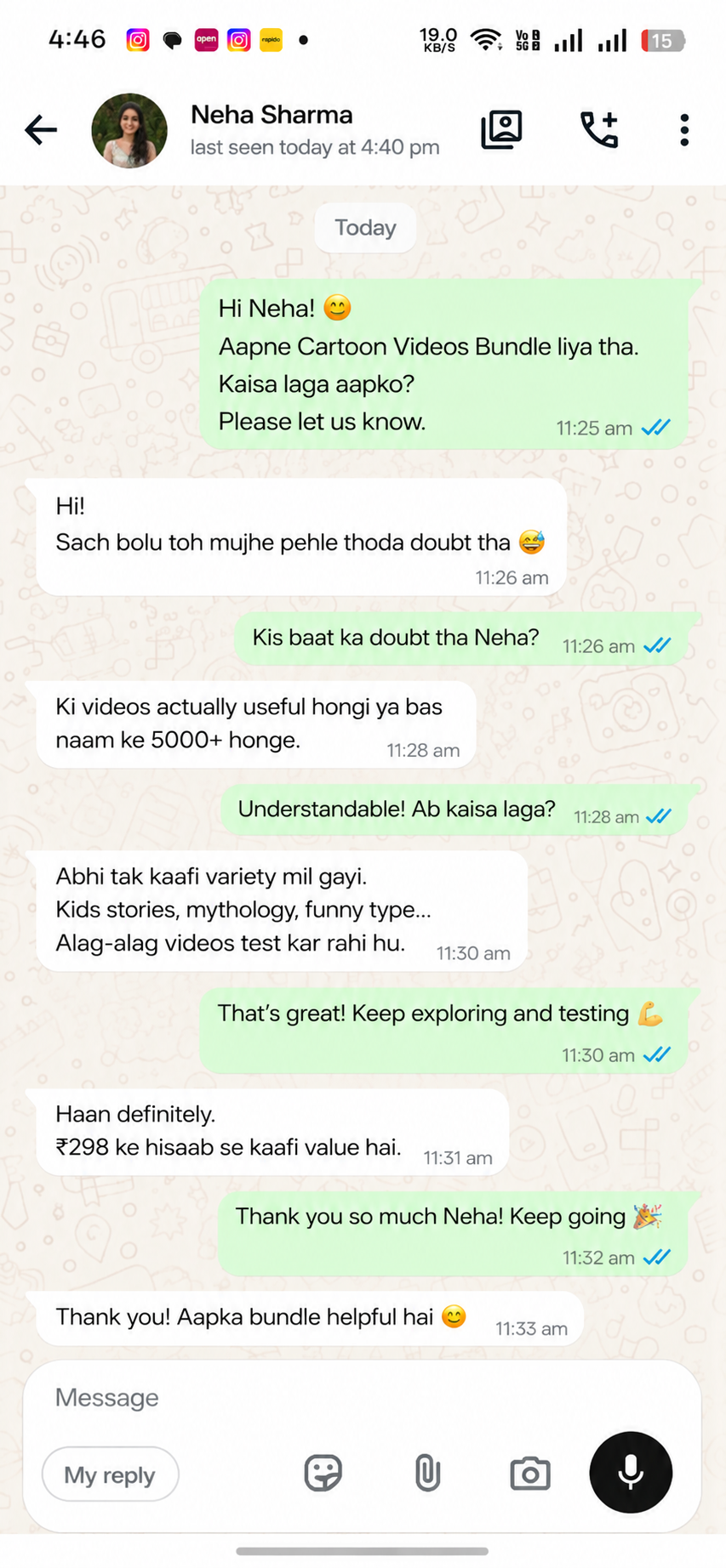 WhatsApp customer feedback screenshot