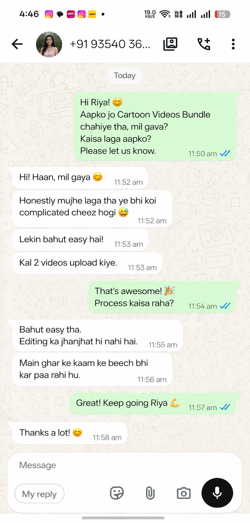 WhatsApp customer feedback screenshot