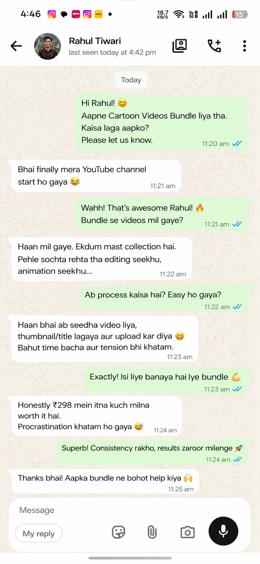 WhatsApp customer feedback screenshot
