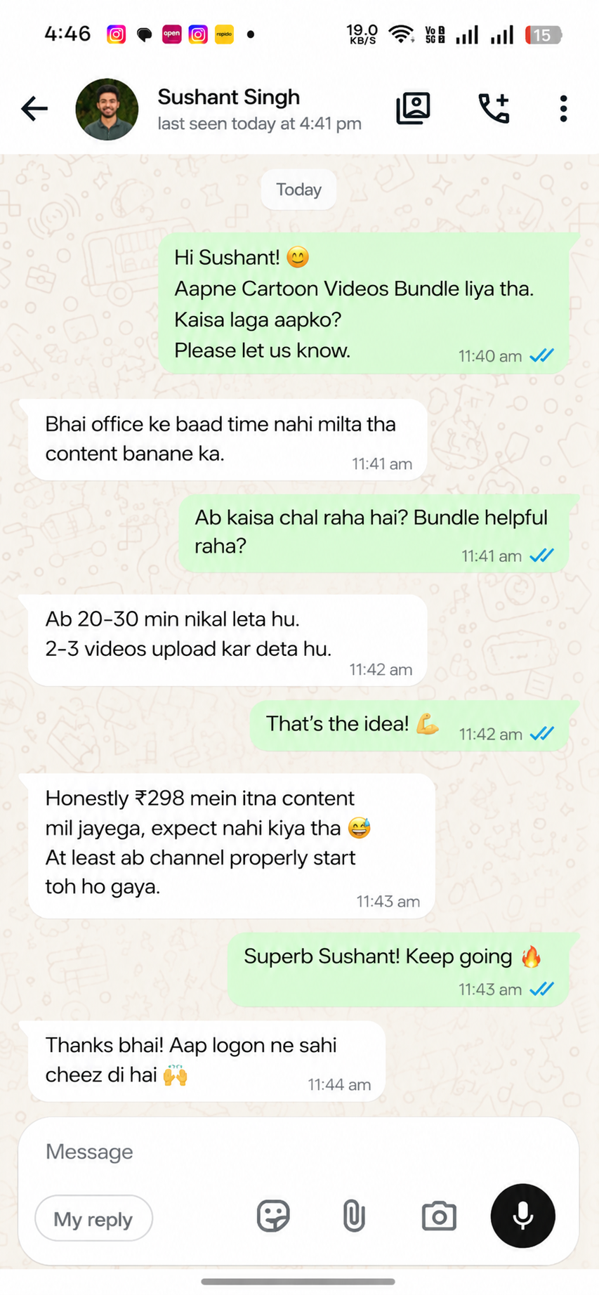 WhatsApp customer feedback screenshot