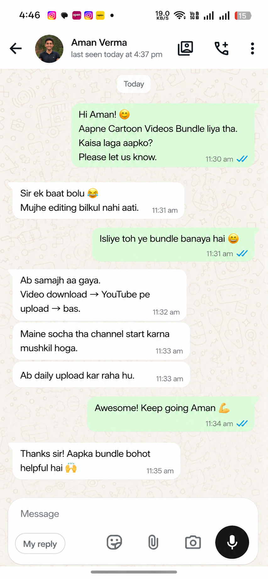 WhatsApp customer feedback screenshot