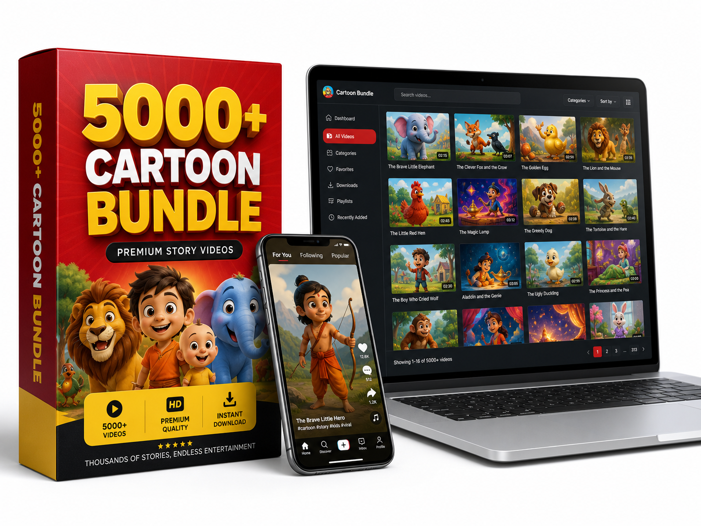 5000+ Cartoon Bundle product mockup — box, laptop, tablet and phone showing cartoon video library